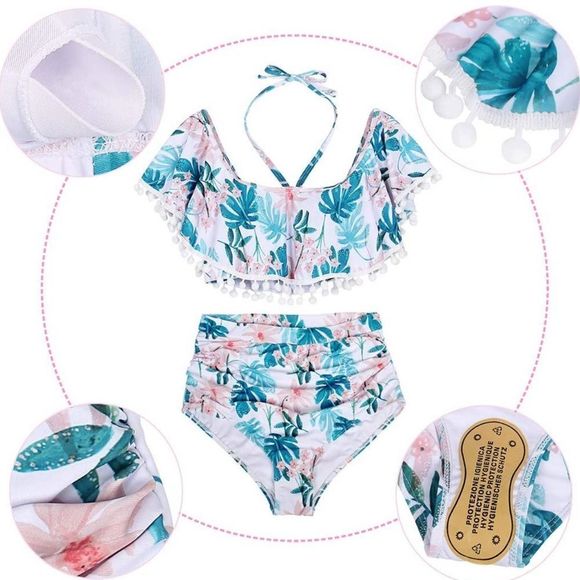⭐️tassel Halter Palm Print Off Shoulder Flounced Ruched High Waist Bikini Set⭐️ - Picture 6 of 12